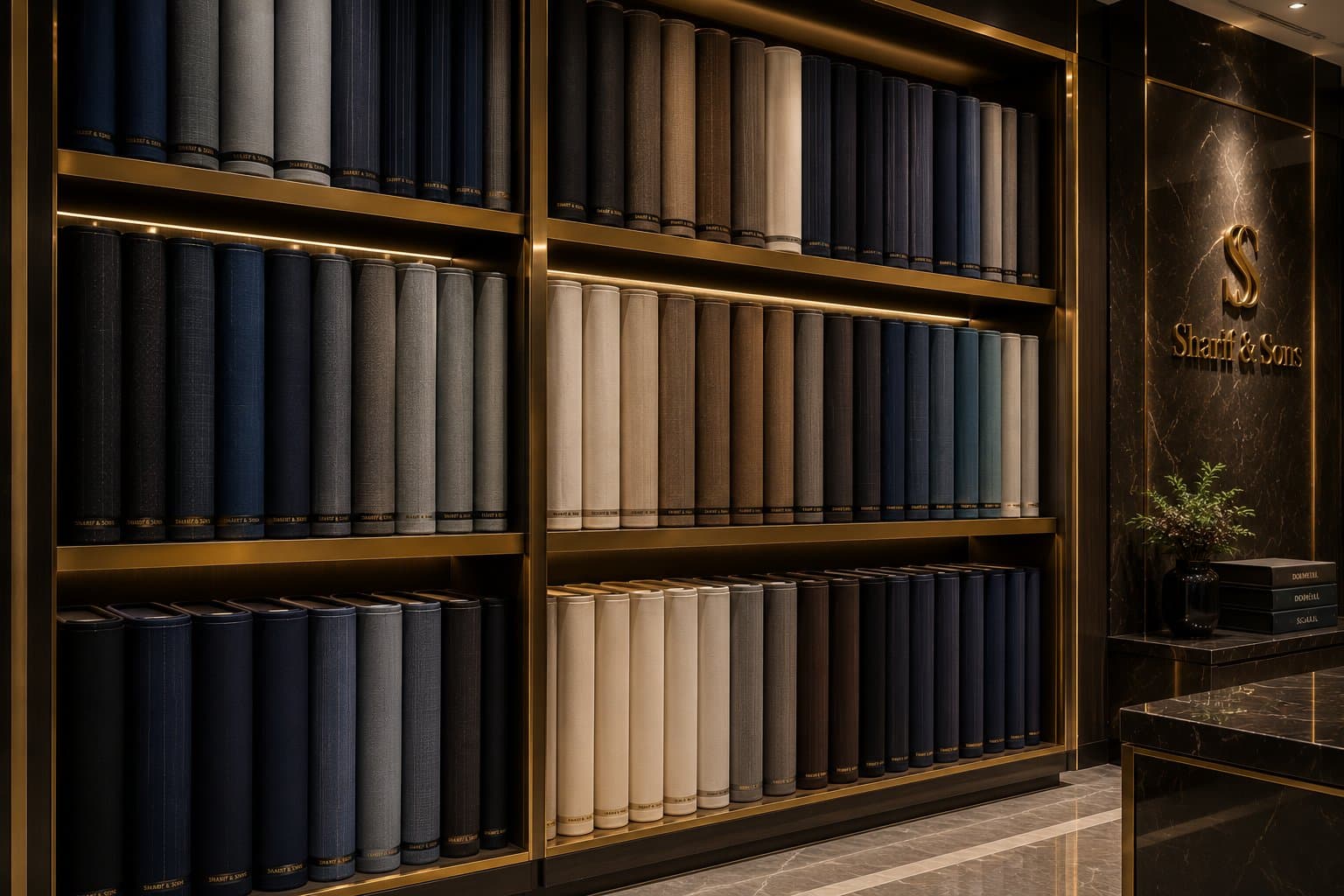 Shelves of rolled fabric bolts in a range of colors at the Sharif & Sons showroom