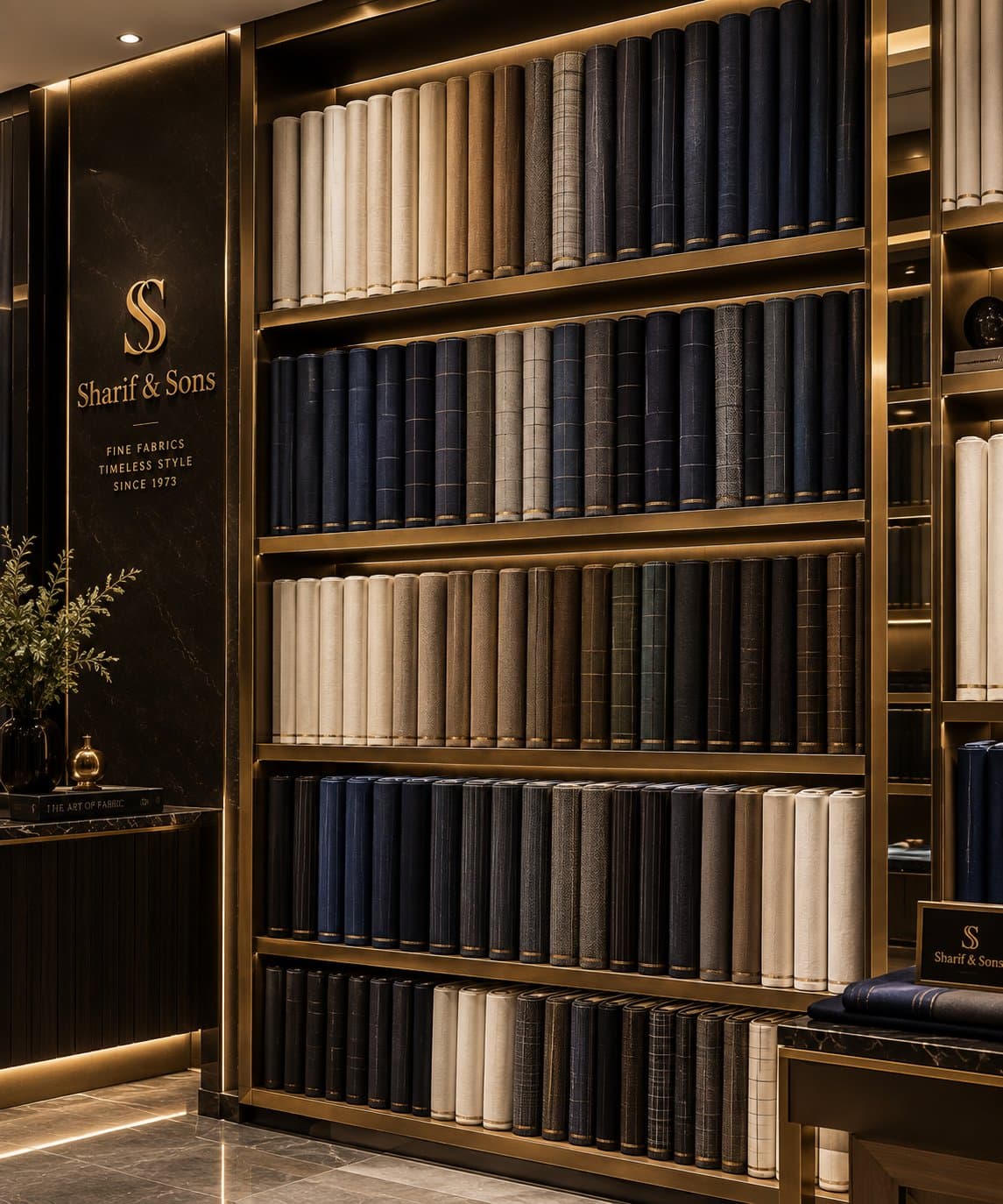 Shelves of fabric bolts beside the Sharif & Sons branded signage wall